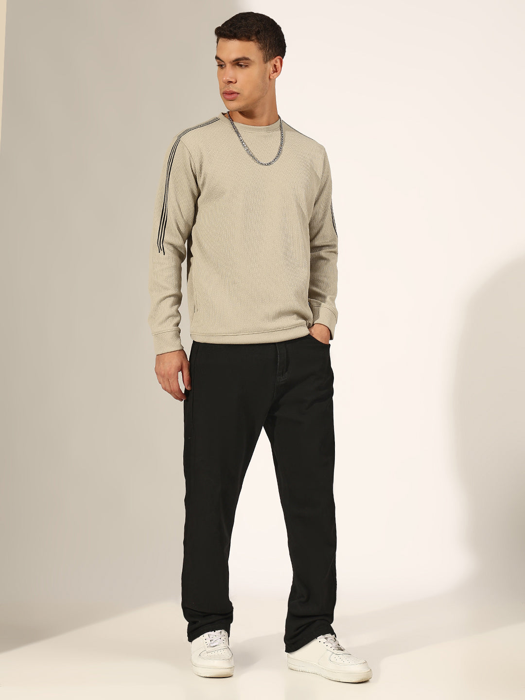 Men's Textured Grey Sweatshirt with Striped Shoulder Detail