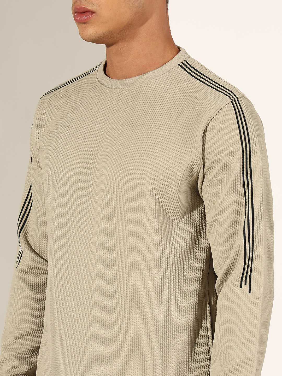Men's Textured Grey Sweatshirt with Striped Shoulder Detail