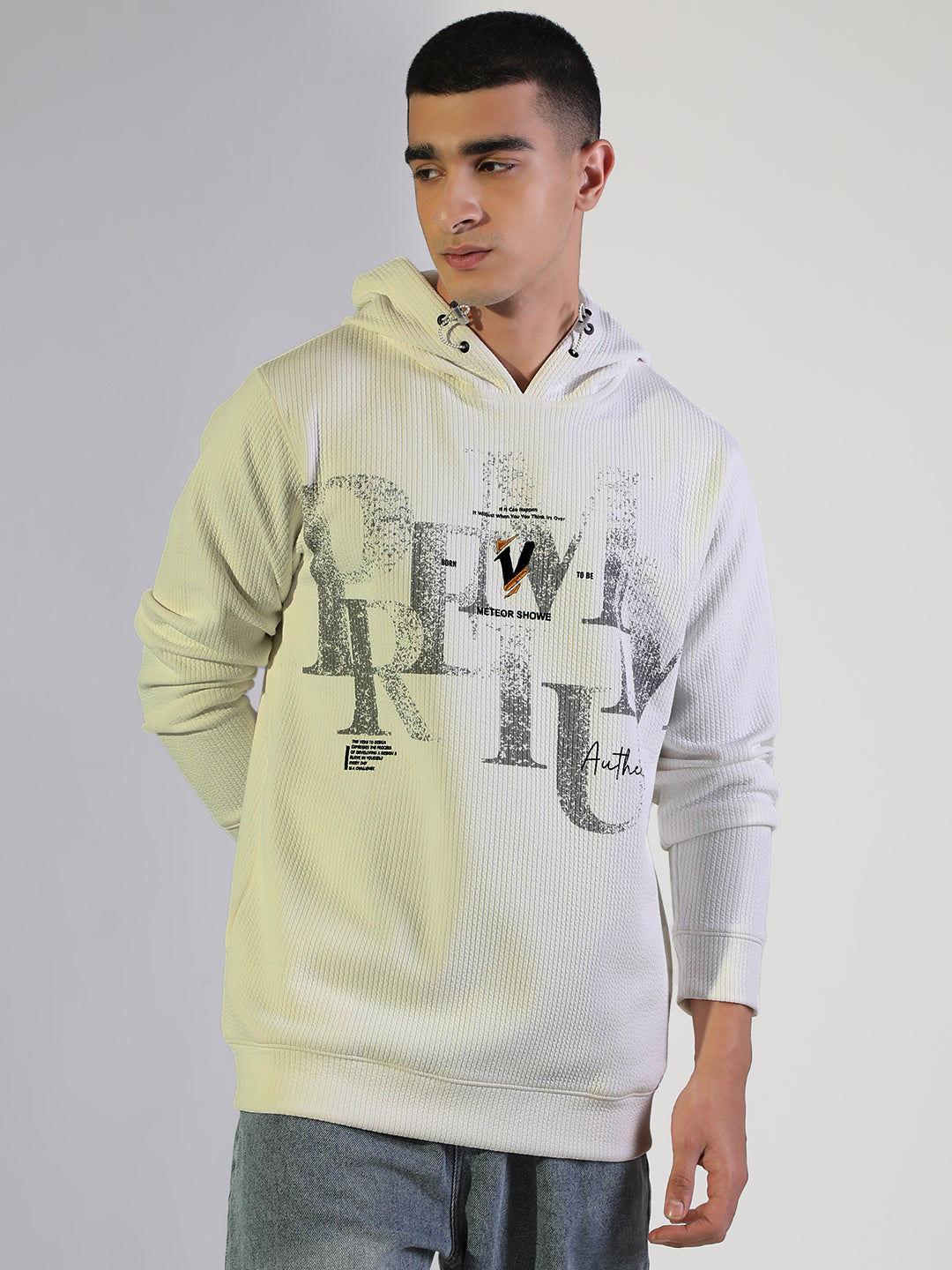 Men's Ribbed White Typography Print Casual Pullover Hoodie