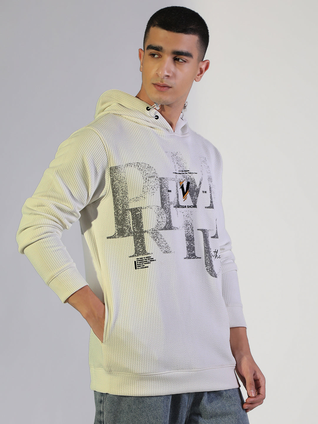 Men's Ribbed White Typography Print Casual Pullover Hoodie