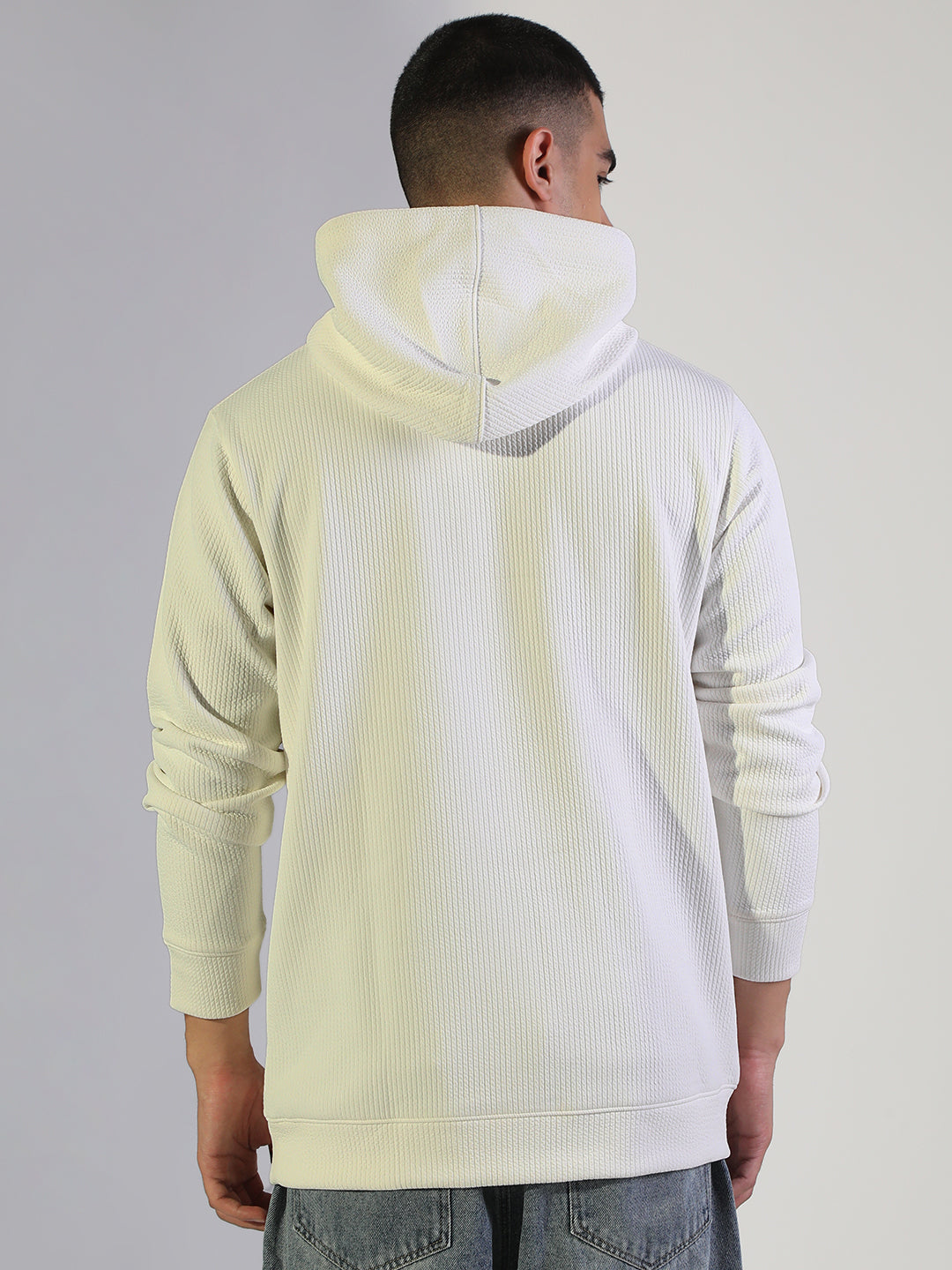 Men's Ribbed White Typography Print Casual Pullover Hoodie
