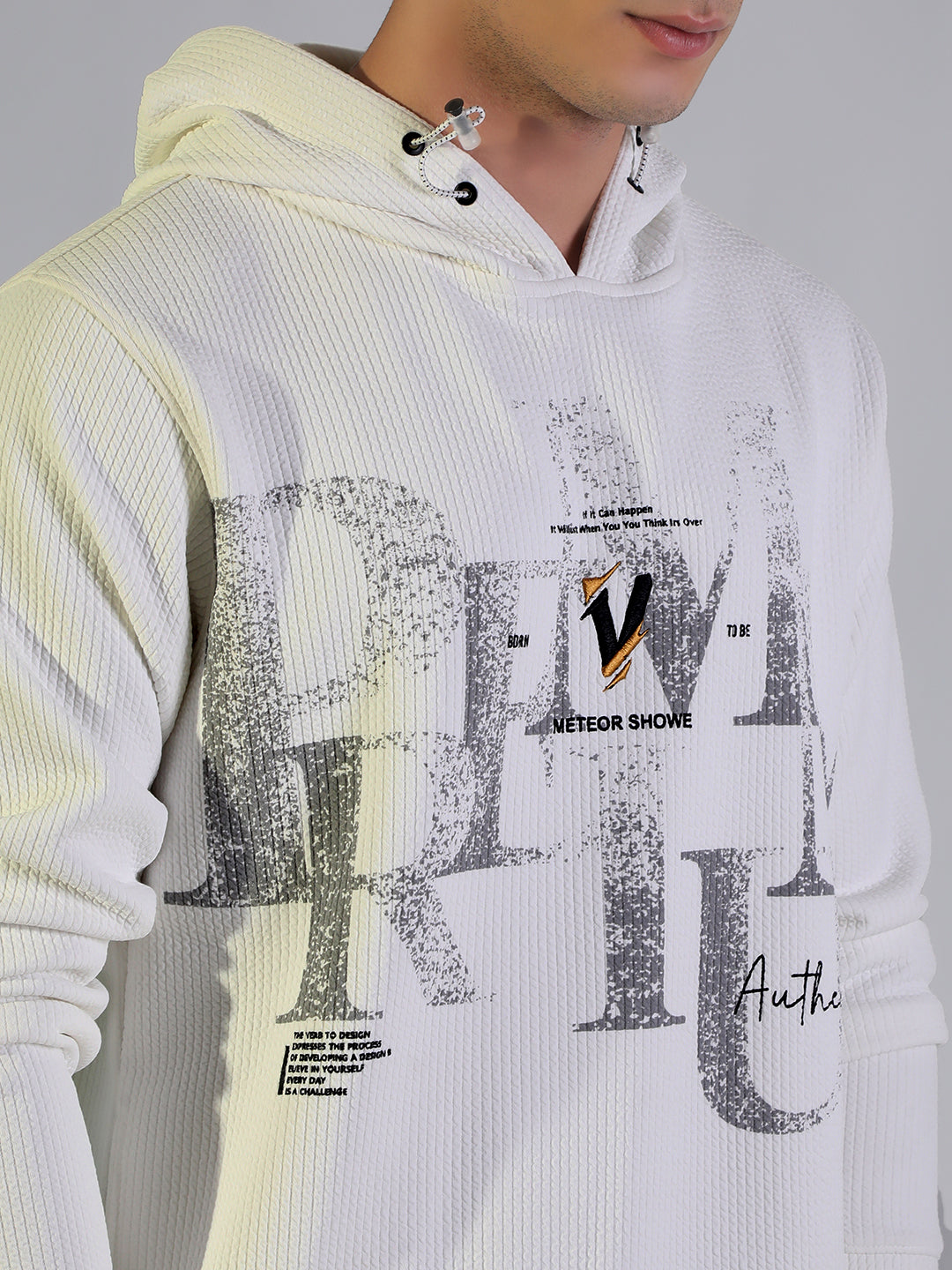Men's Ribbed White Typography Print Casual Pullover Hoodie