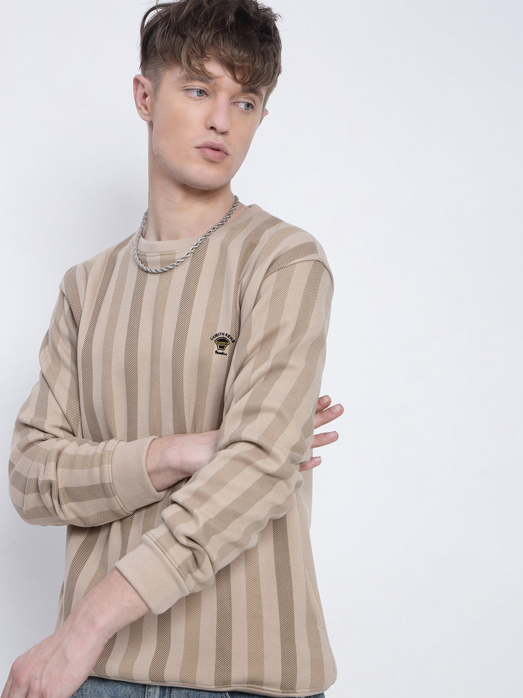 Men's Striped Beige Round Neck Sweatshirt