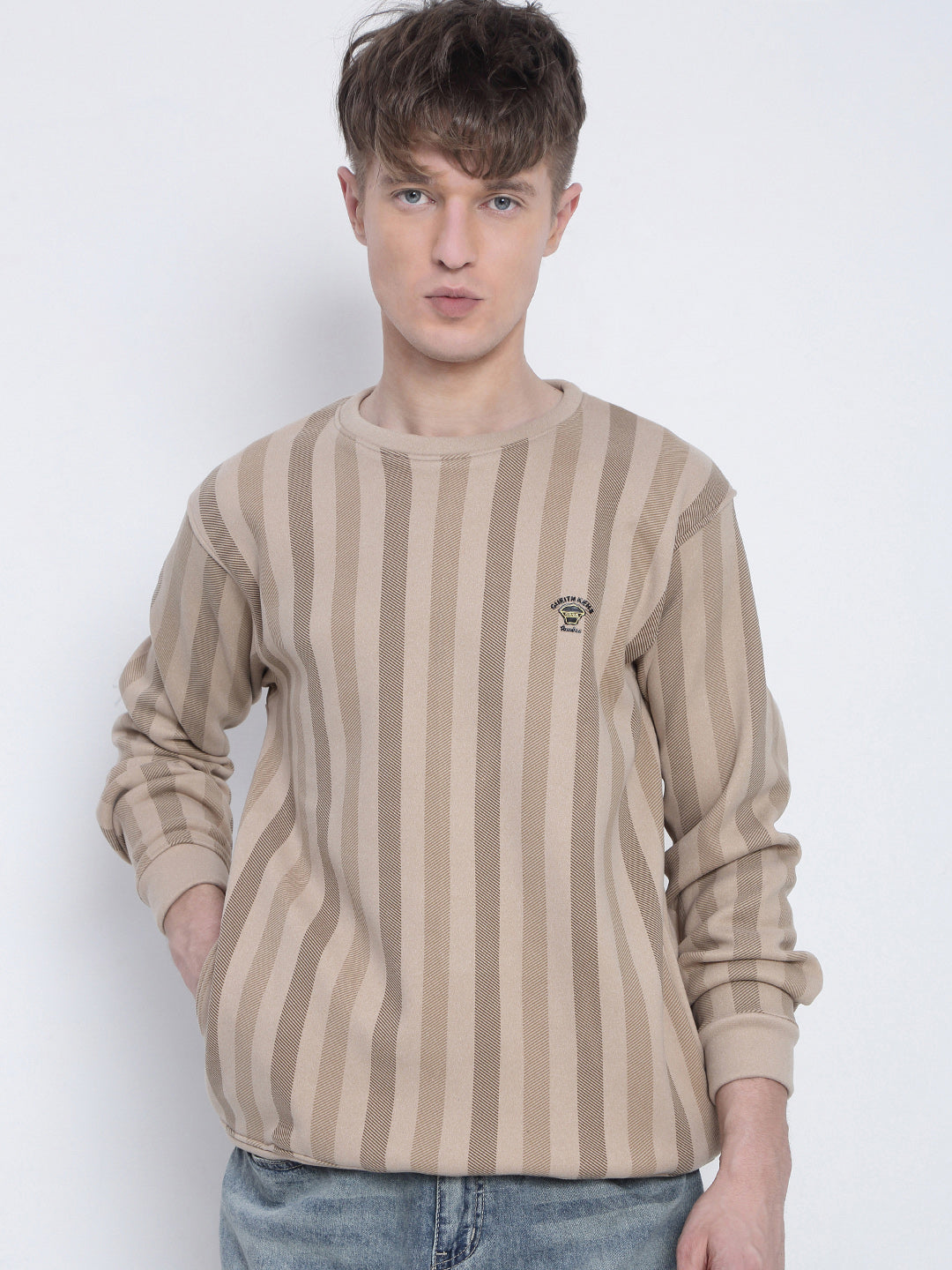 Men's Striped Beige Round Neck Sweatshirt