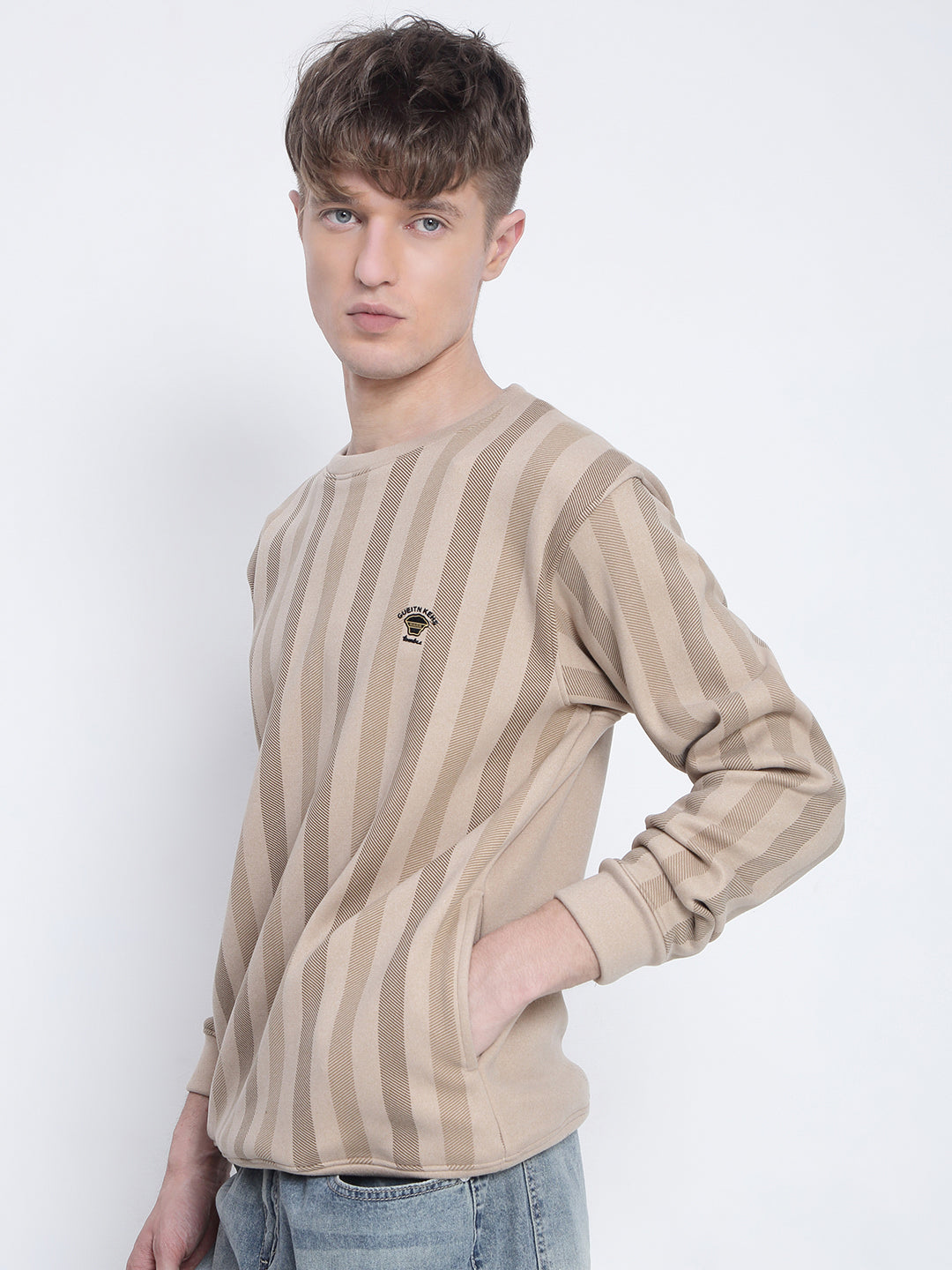 Men's Striped Beige Round Neck Sweatshirt