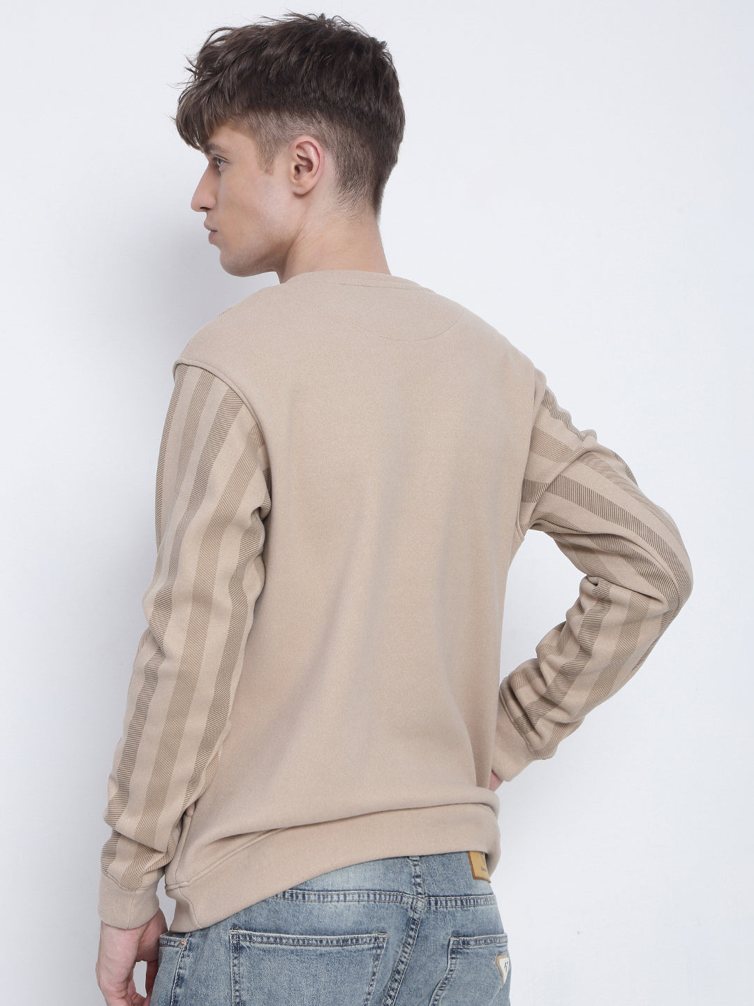 Men's Striped Beige Round Neck Sweatshirt