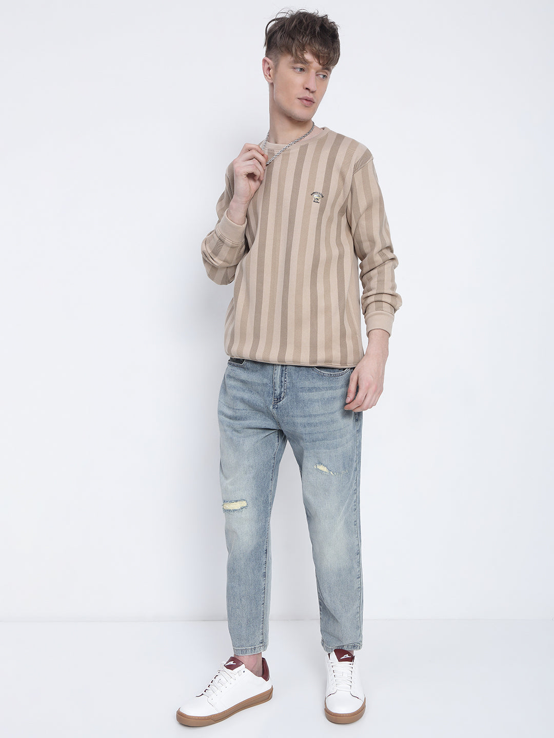 Men's Striped Beige Round Neck Sweatshirt