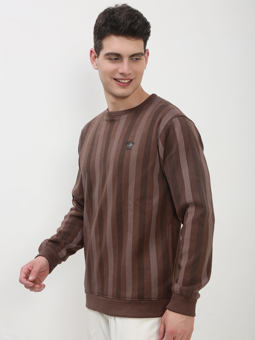 Men's Brown Striped Round Neck Casual Pullover Sweatshirt