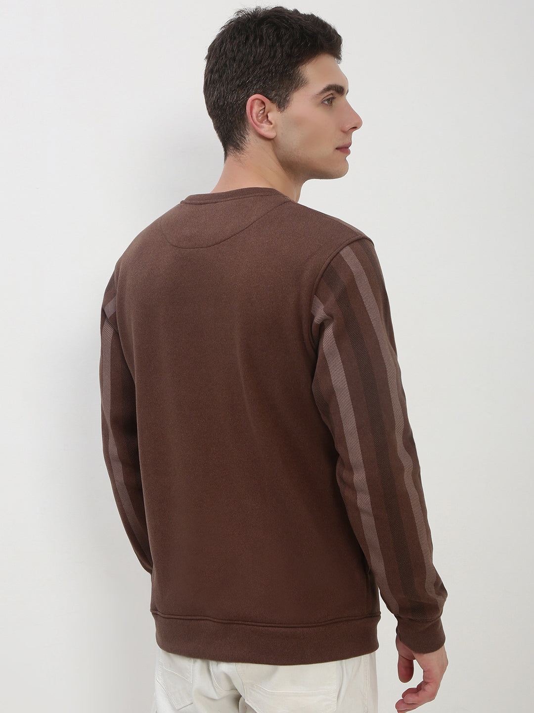 Men's Brown Striped Round Neck Casual Pullover Sweatshirt