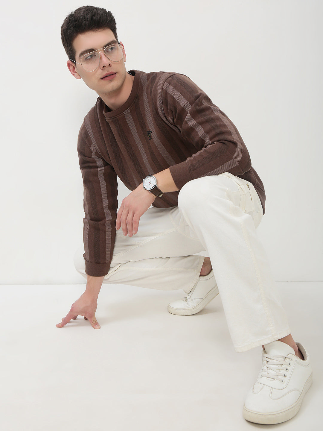 Men's Brown Striped Round Neck Casual Pullover Sweatshirt