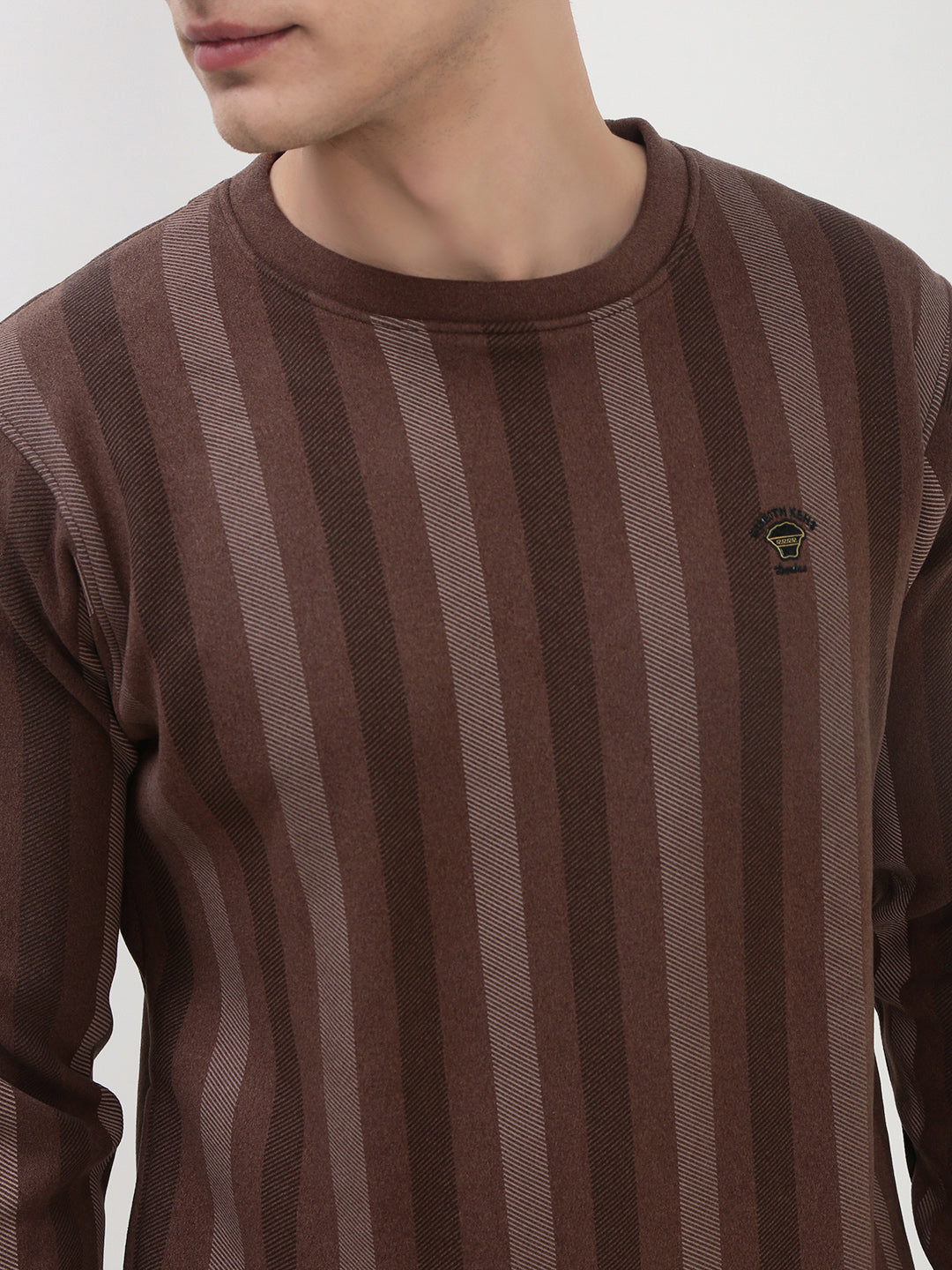 Men's Brown Striped Round Neck Casual Pullover Sweatshirt