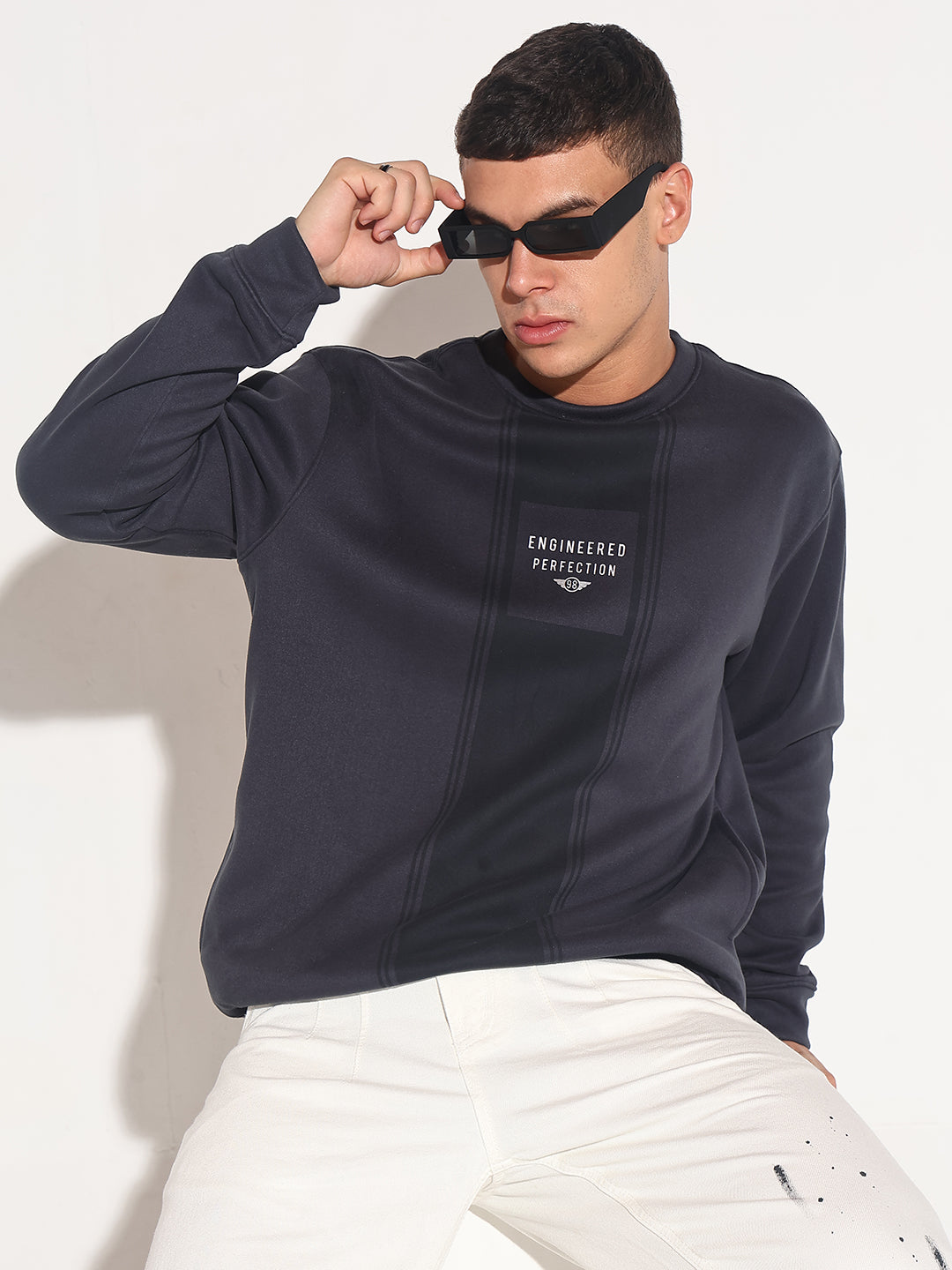 Men's Typography Navy Blue Ribbed Round Neck Sweater