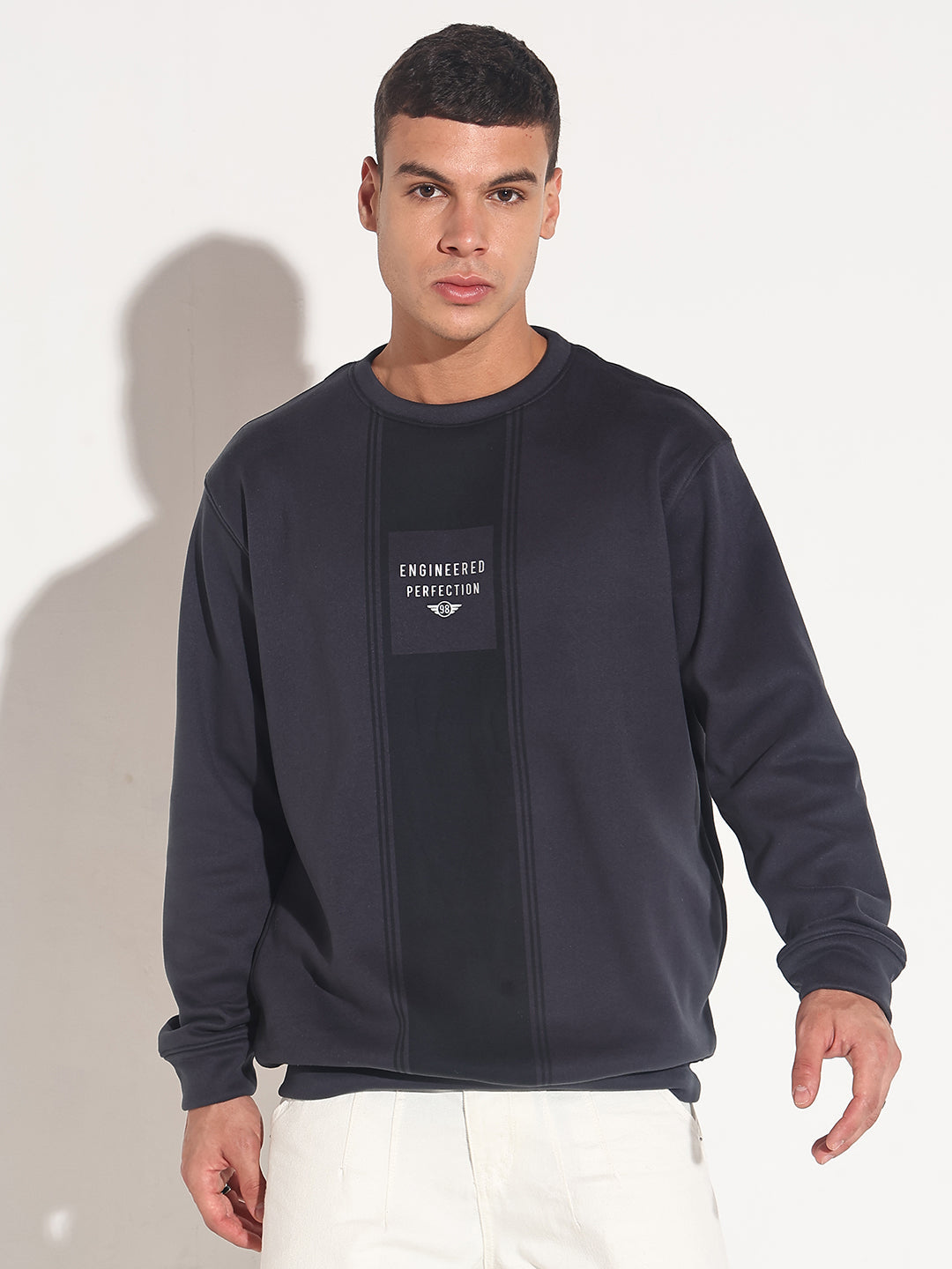 Men's Typography Navy Blue Ribbed Round Neck Sweater