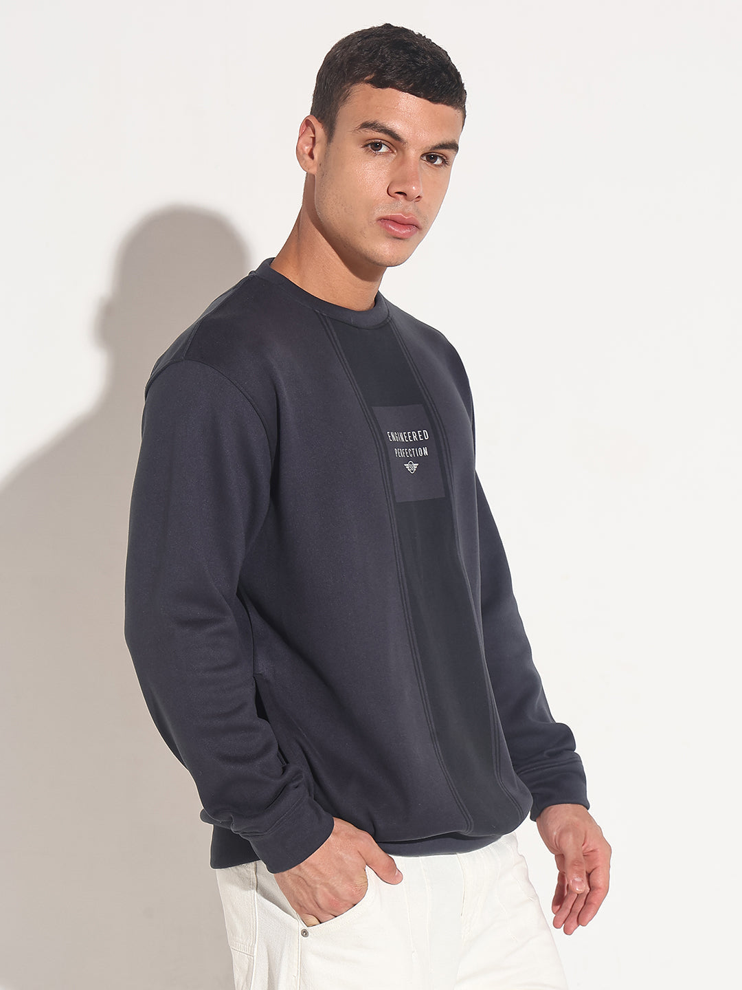 Men's Typography Navy Blue Ribbed Round Neck Sweater