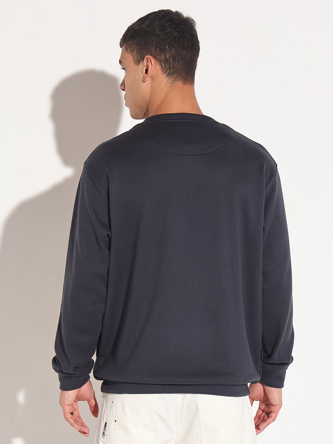 Men's Typography Navy Blue Ribbed Round Neck Sweater