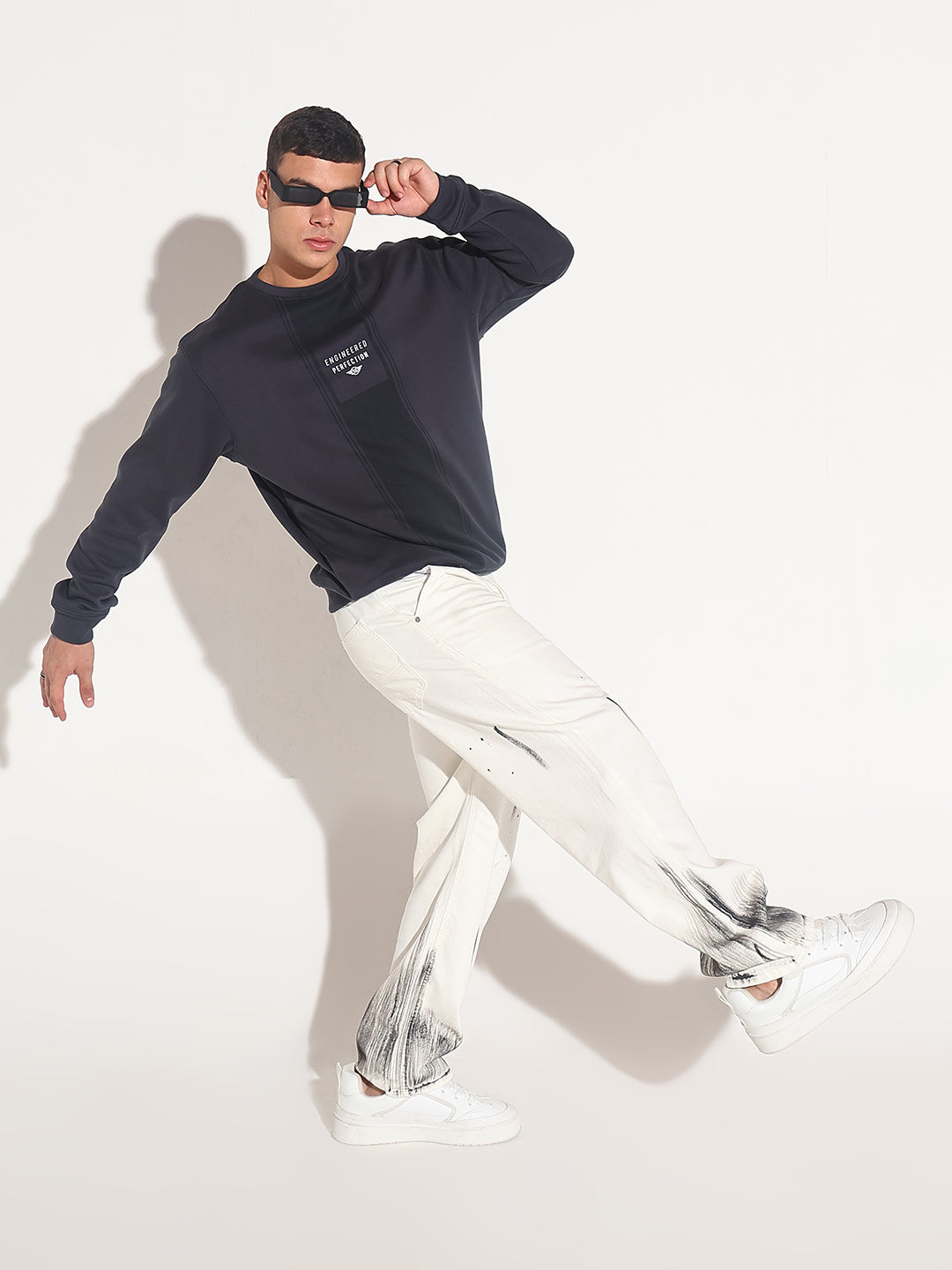 Men's Typography Navy Blue Ribbed Round Neck Sweater