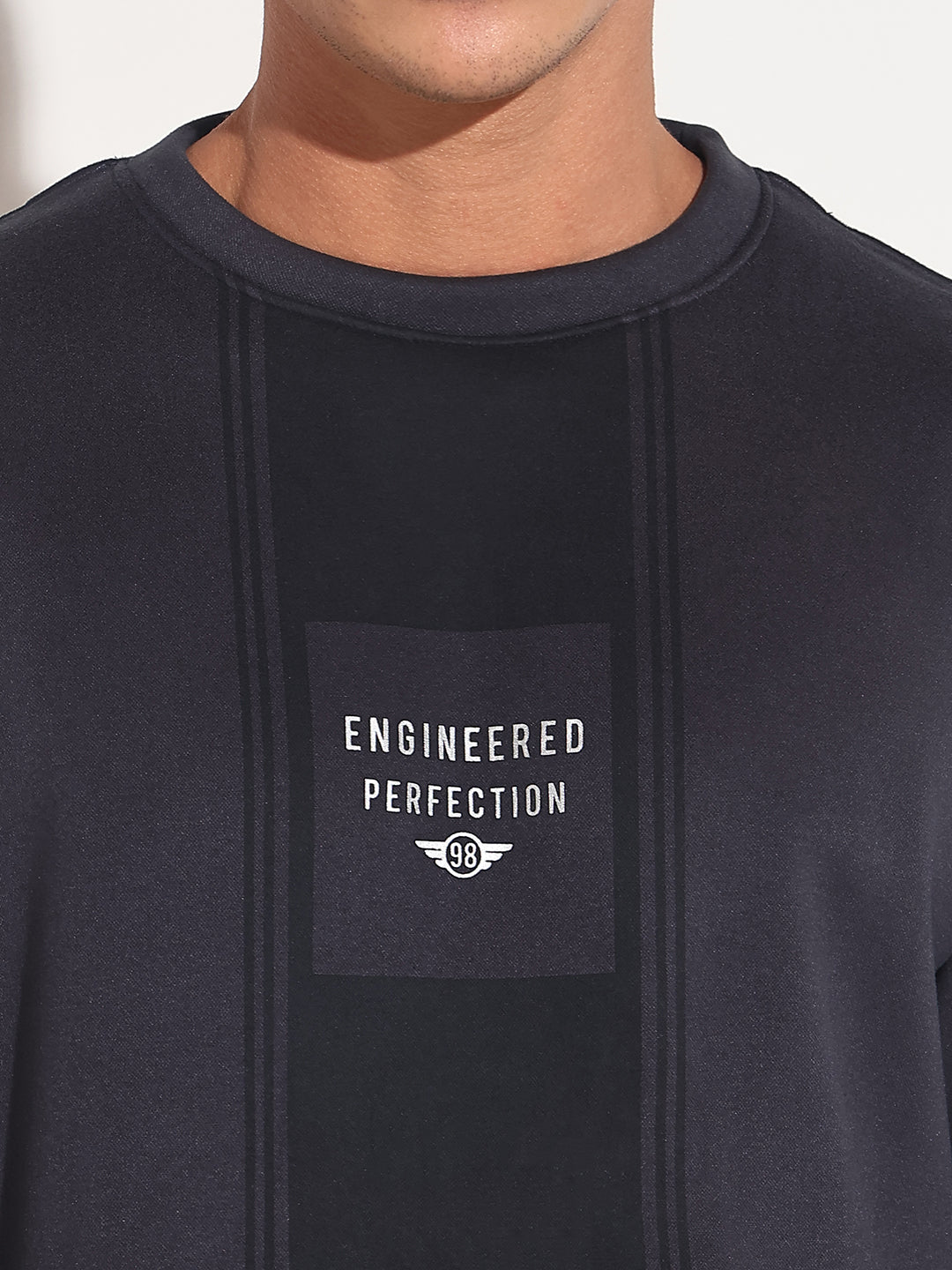Men's Typography Navy Blue Ribbed Round Neck Sweater