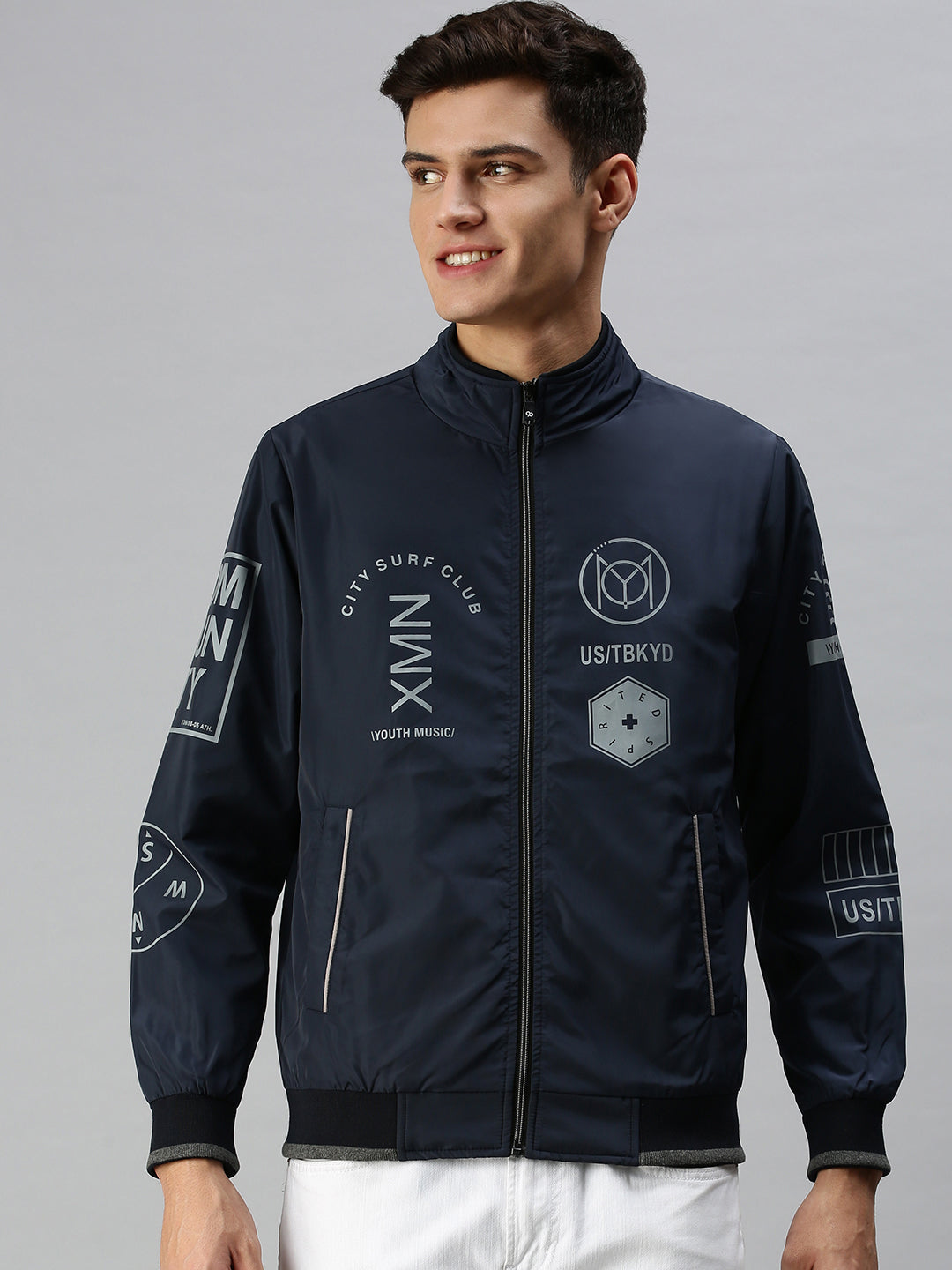 Men Printed Blue Sporty Jacket