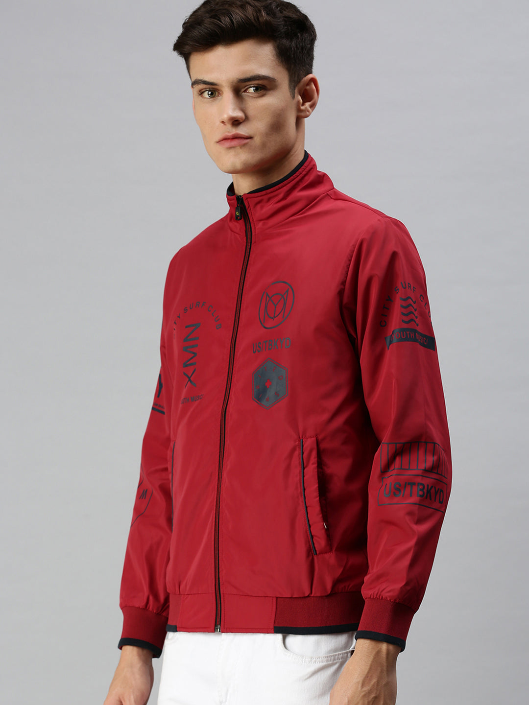 Men Printed Red Sporty Jacket