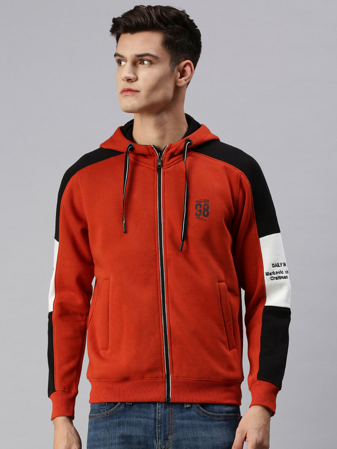 Men Hooded Solid Orange Sweatshirt