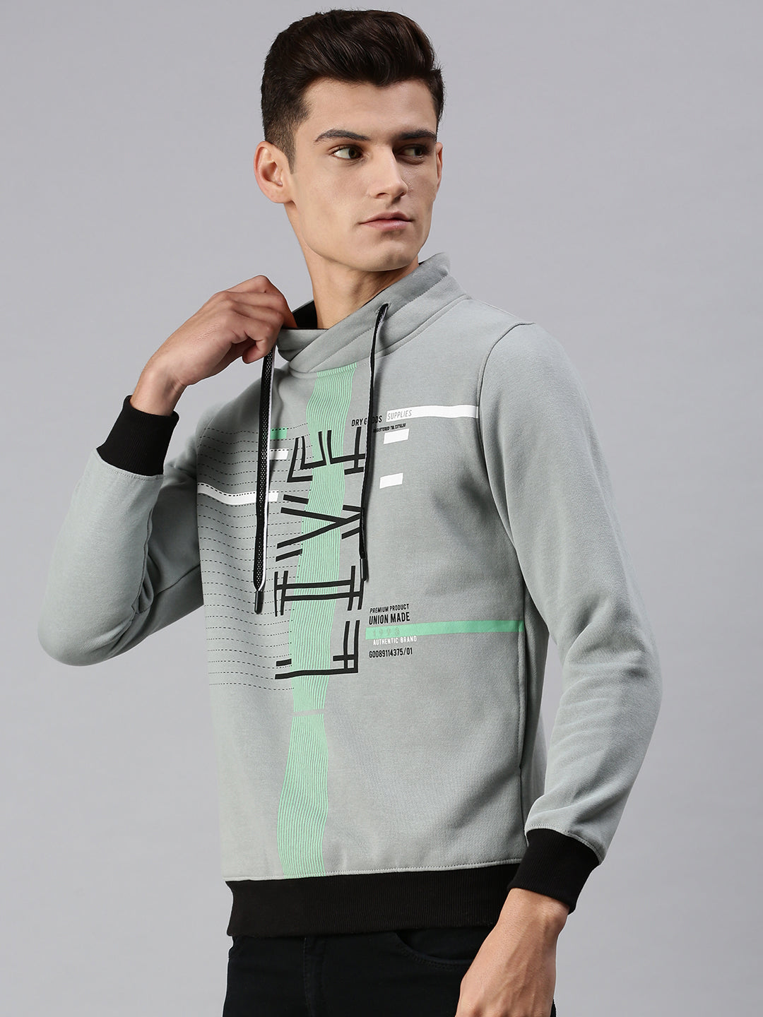 Men Hooded Graphic Print Grey Sweatshirt