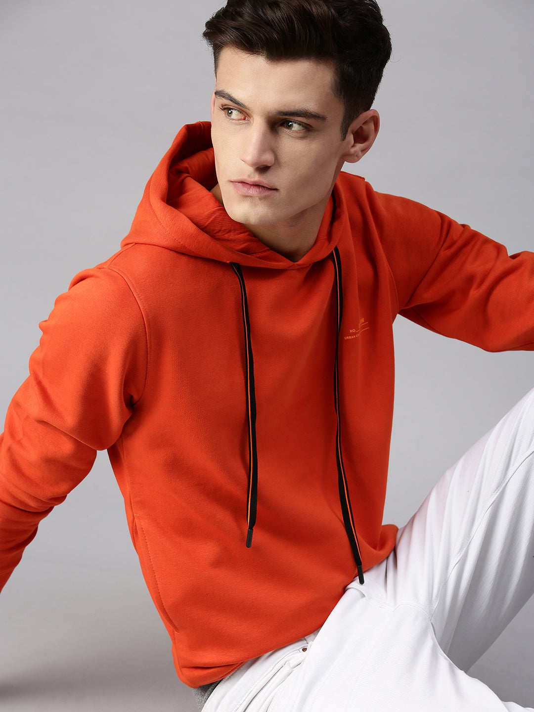 Men Hooded Solid Orange Sweatshirt