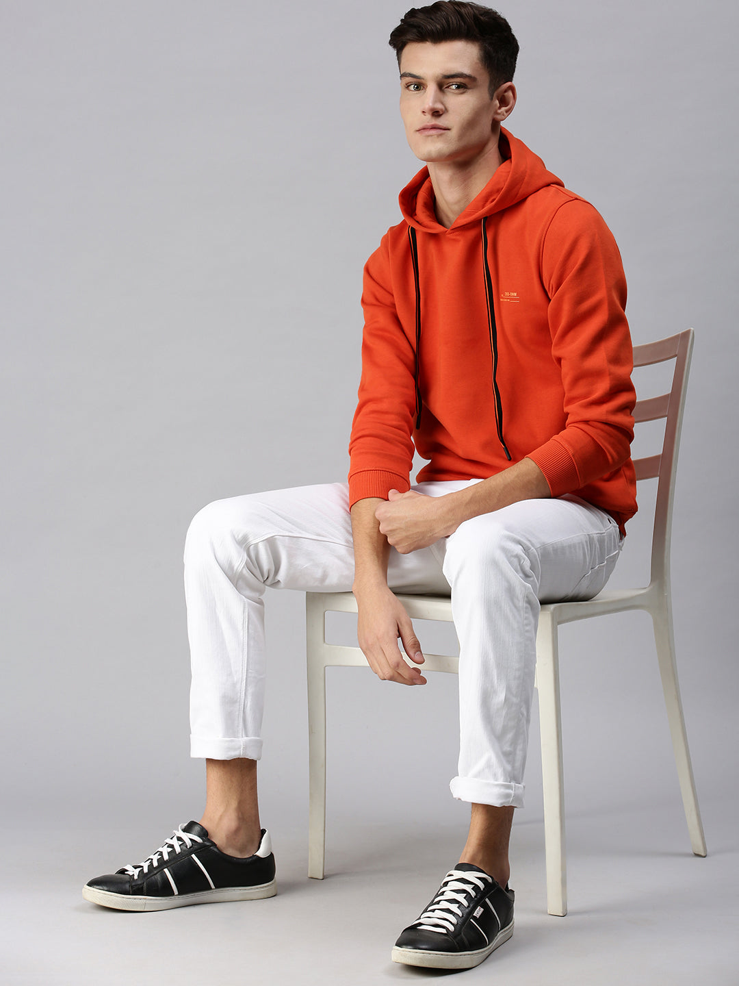 Men Hooded Solid Orange Sweatshirt