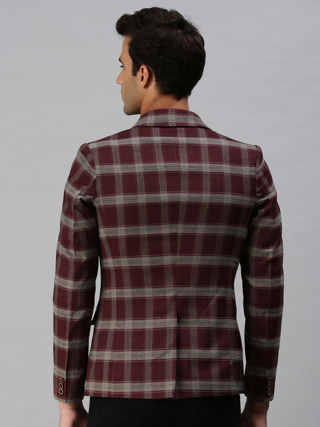 Men's Checked Maroon Single Breasted Blazer