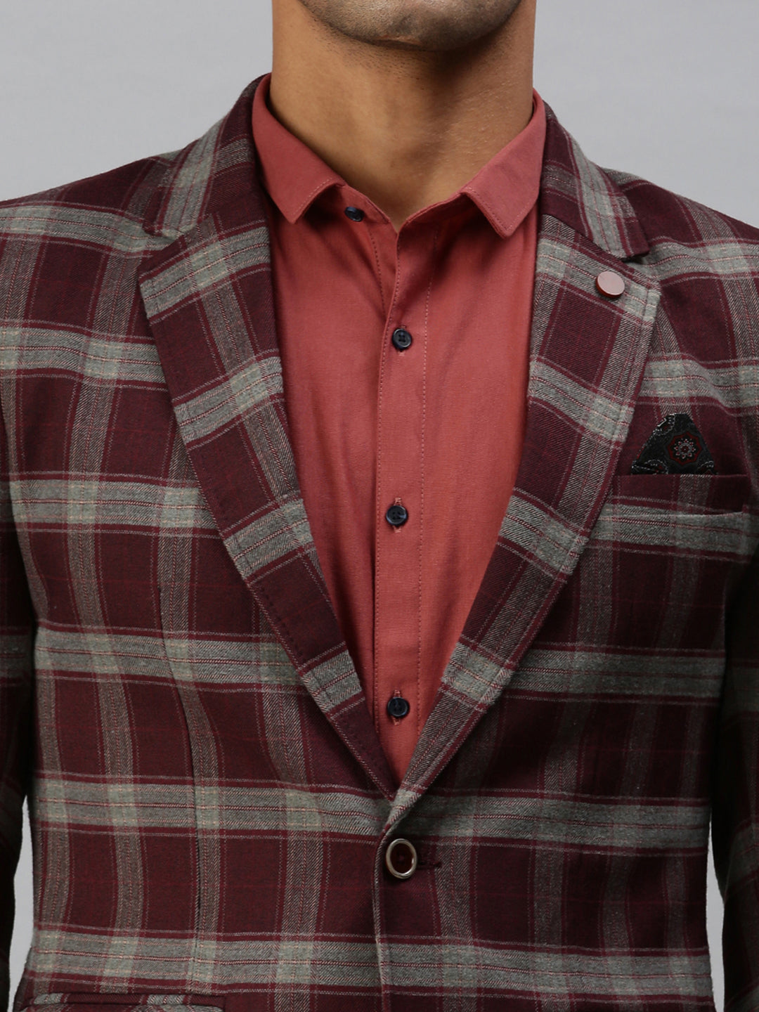 Men's Checked Maroon Single Breasted Blazer