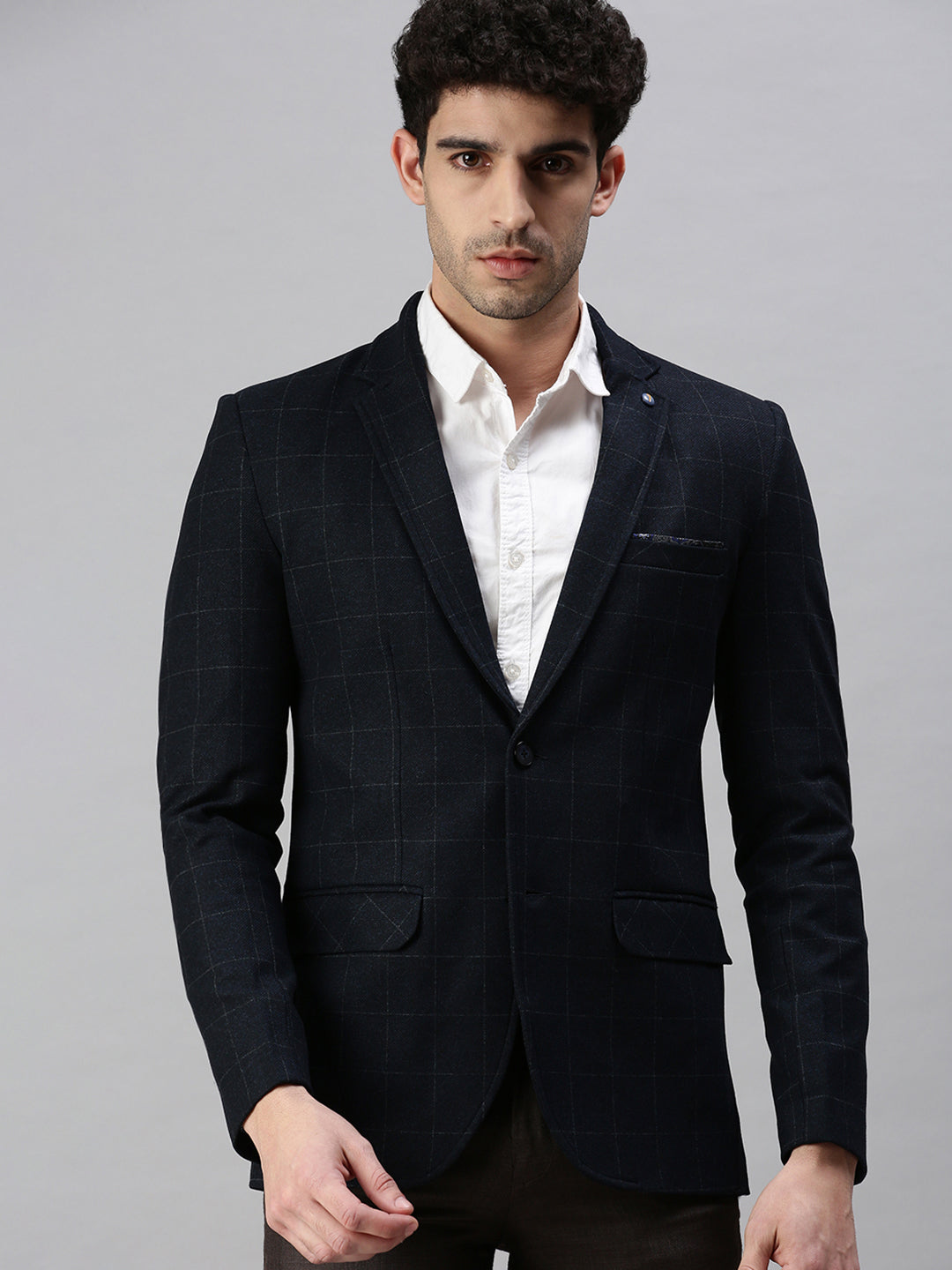 Men's Solid Navy Blue Single Breasted Blazer