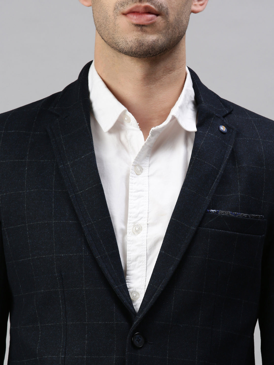 Men's Solid Navy Blue Single Breasted Blazer