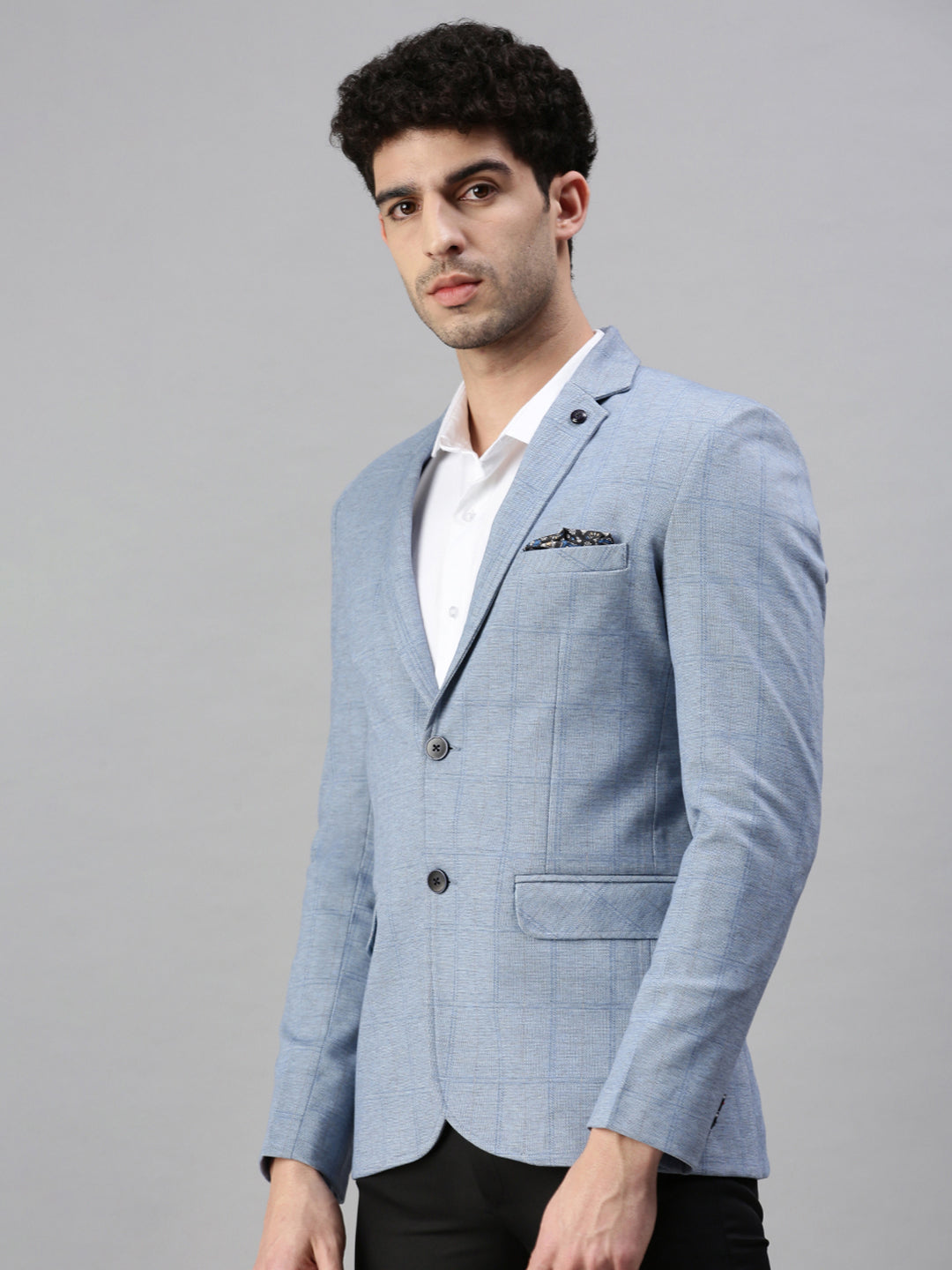 Men's Checked Blue Single Breasted Blazer