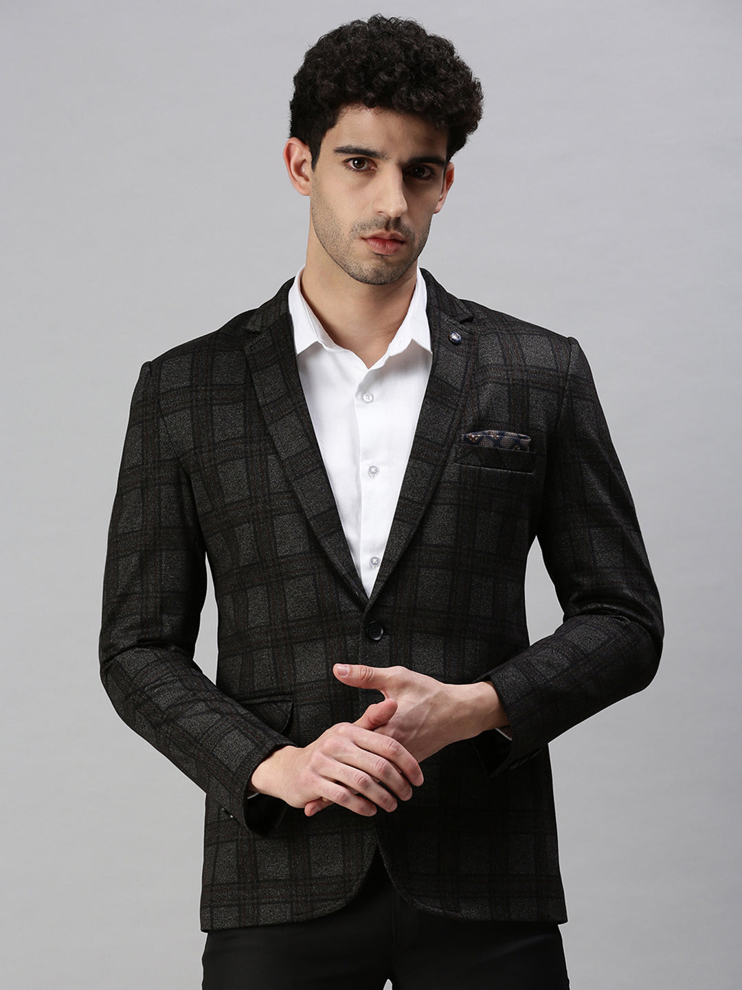 Men's Checked Black Single Breasted Blazer