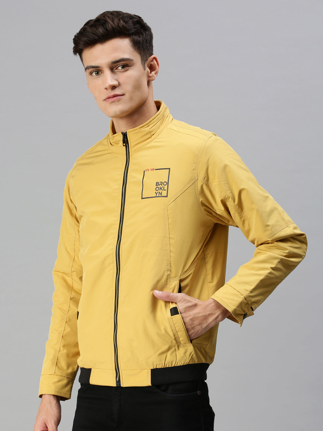 Men Printed Yellow Sporty Jacket