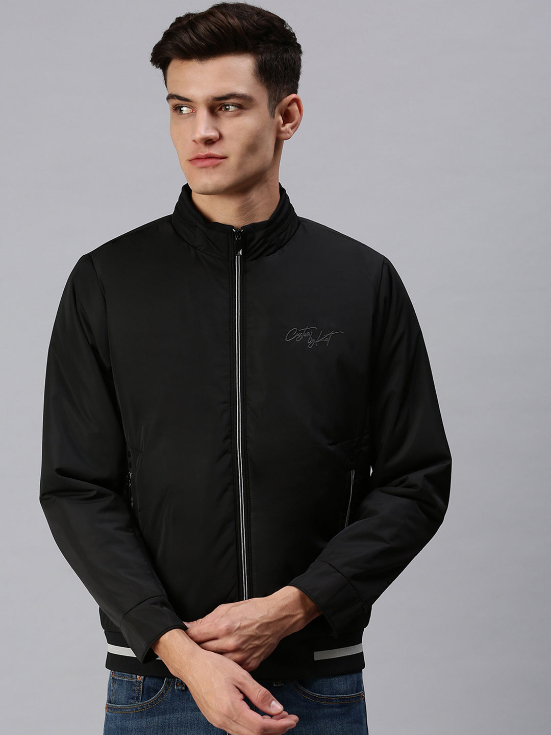 Men Solid Black Sporty Jacket