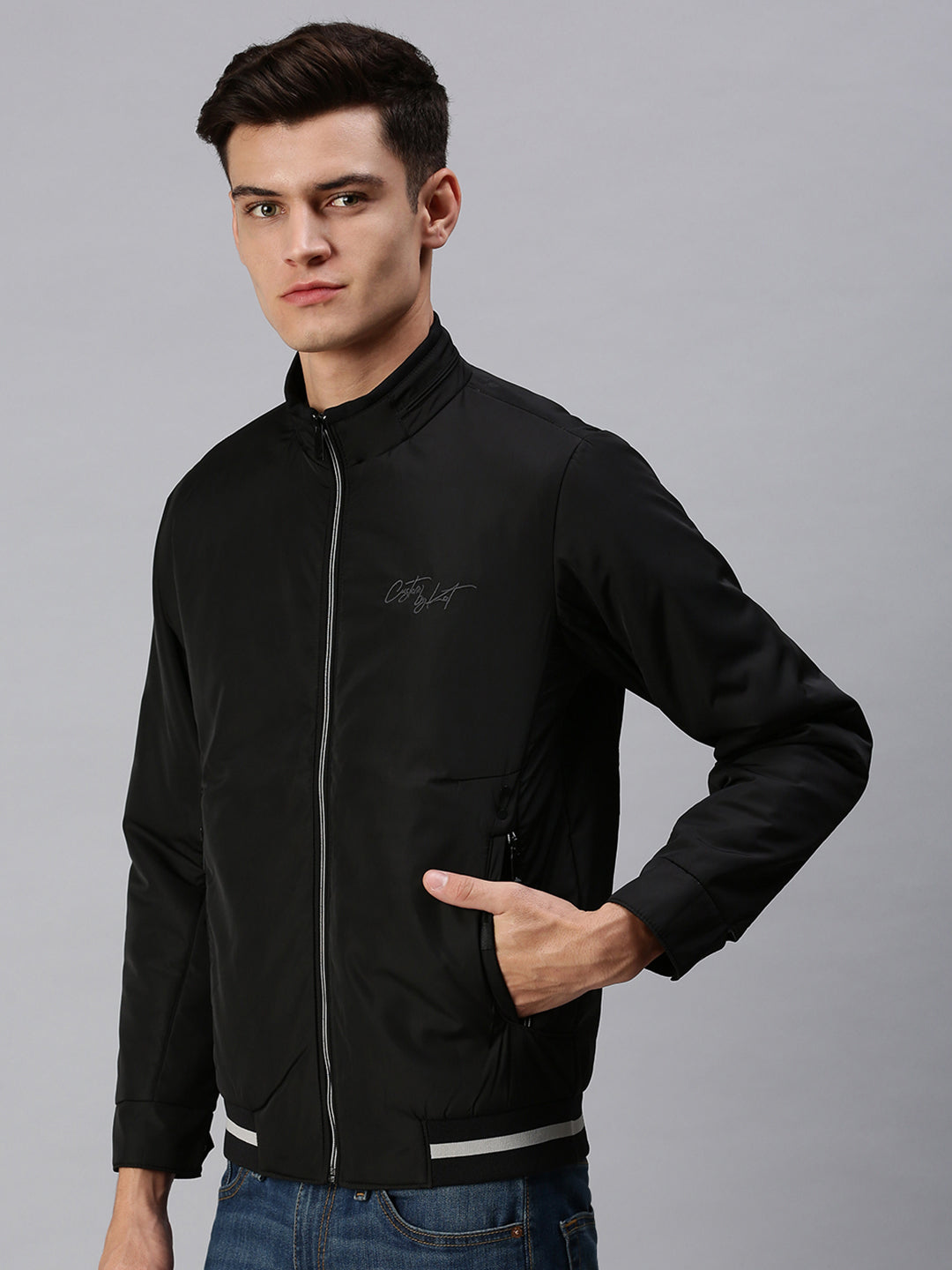 Men Solid Black Sporty Jacket