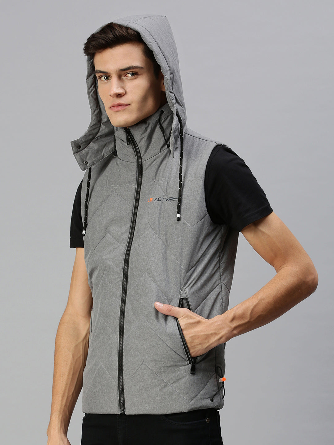 Men's Hooded Solid Grey Padded Jacket