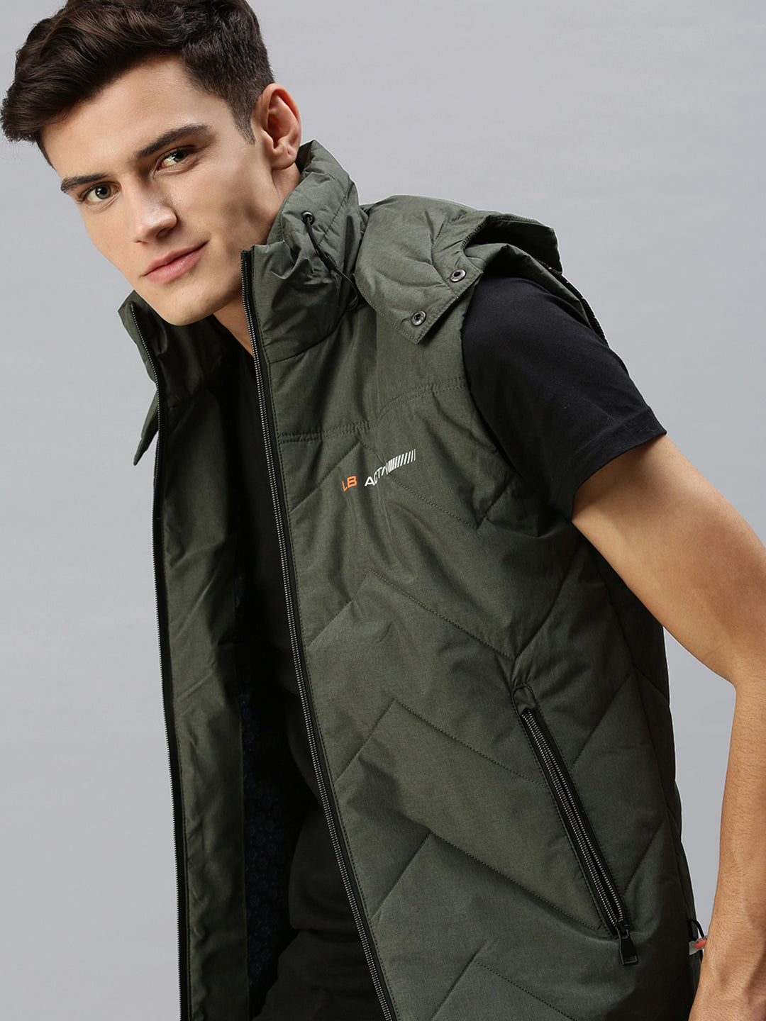 Men Hooded Solid Green Padded Jacket