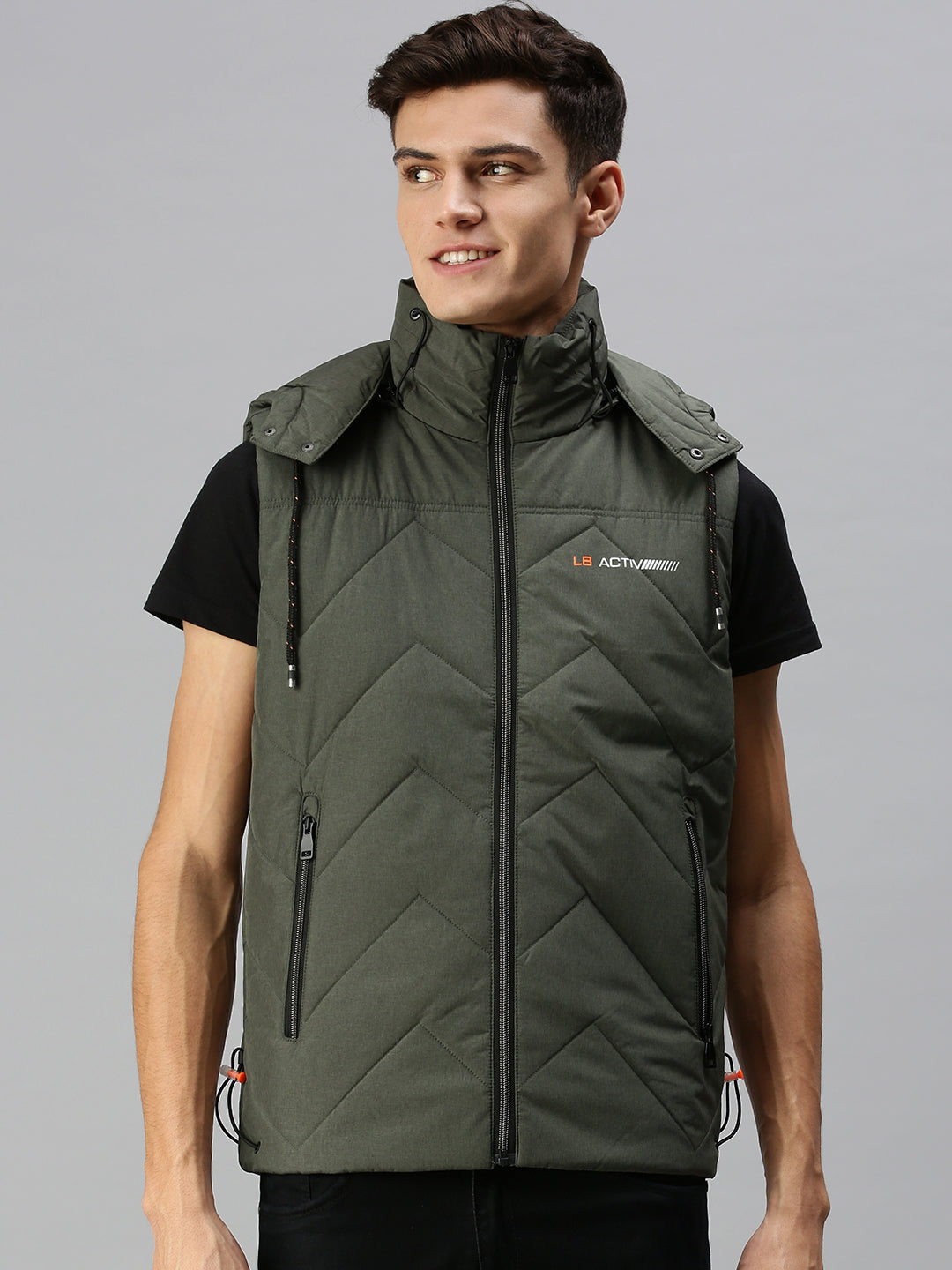 Men Hooded Solid Green Padded Jacket