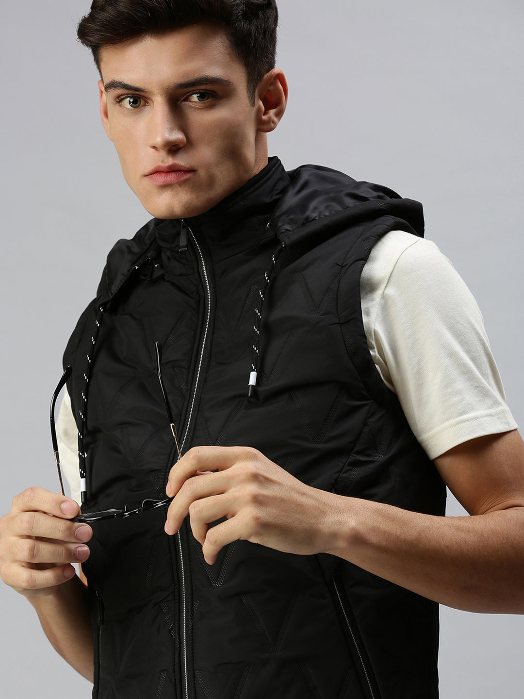 Men Hooded Solid Black Padded Jacket