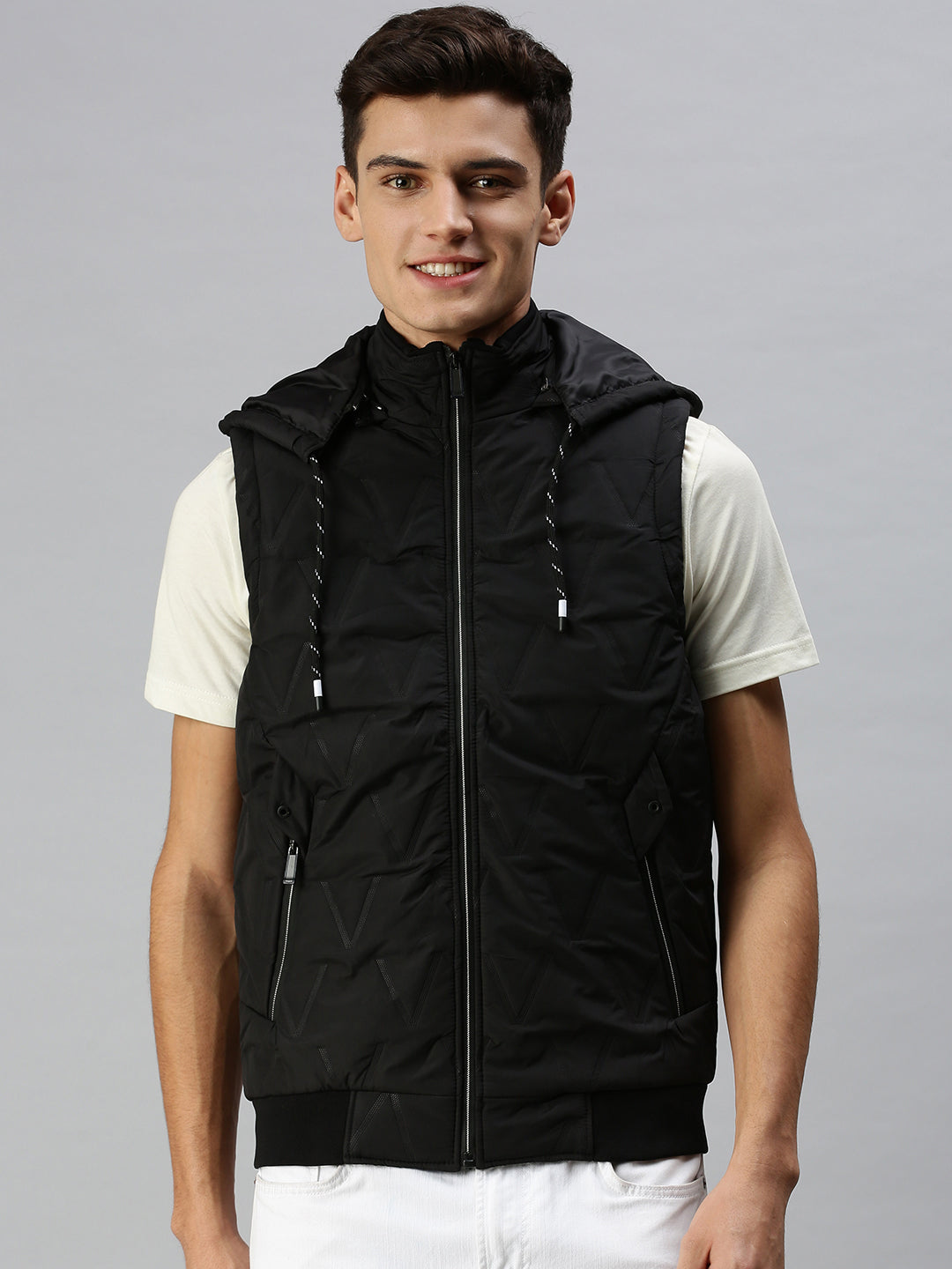 Men Hooded Solid Black Padded Jacket