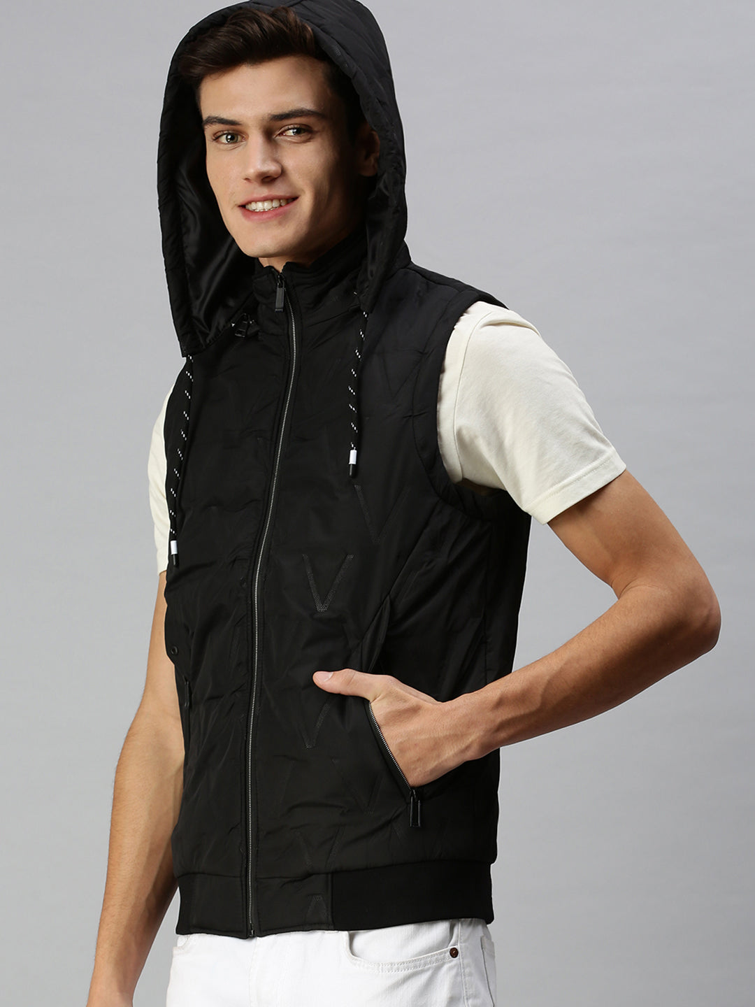 Men Hooded Solid Black Padded Jacket