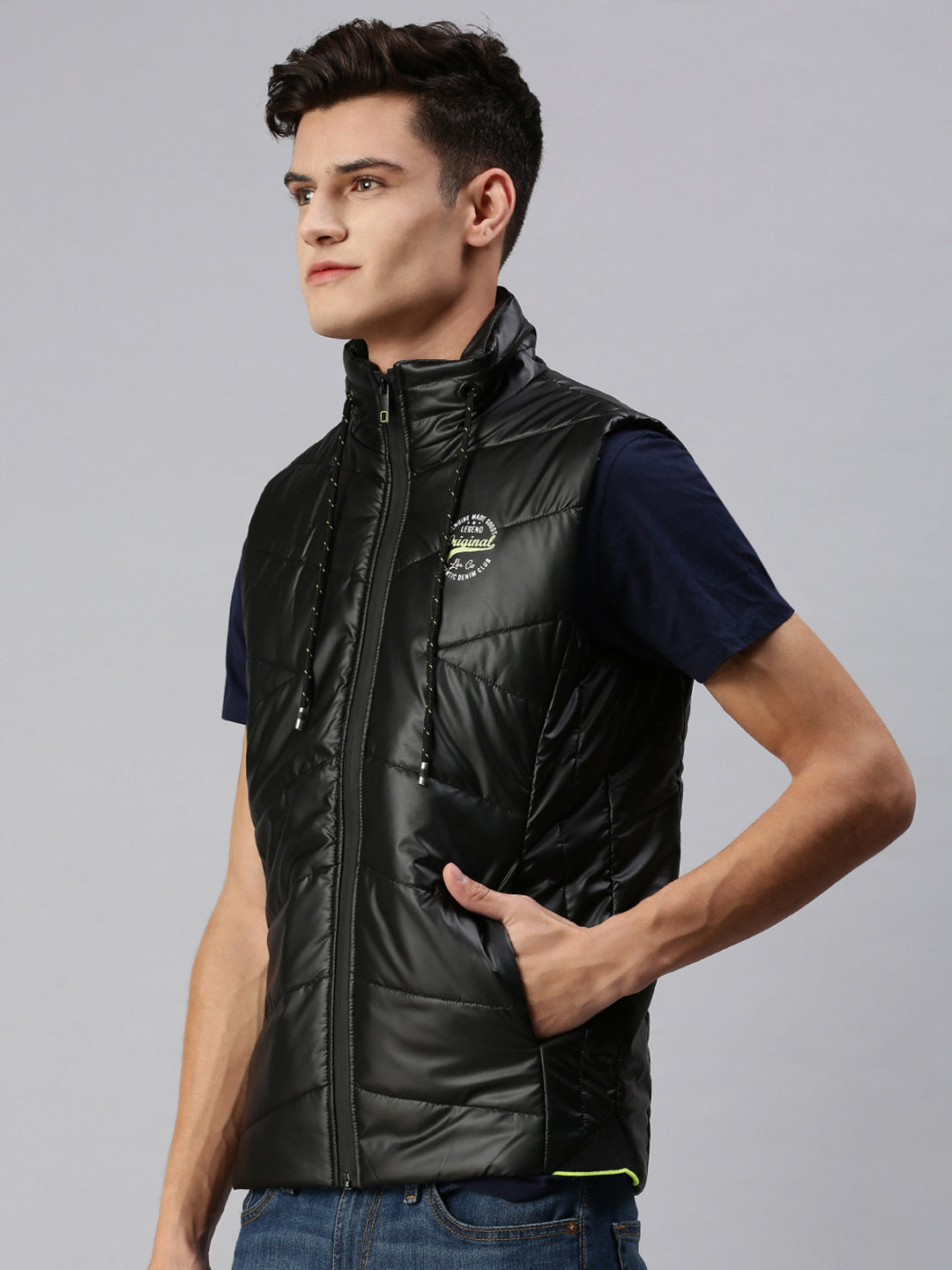 Men Solid Black Padded Jacket