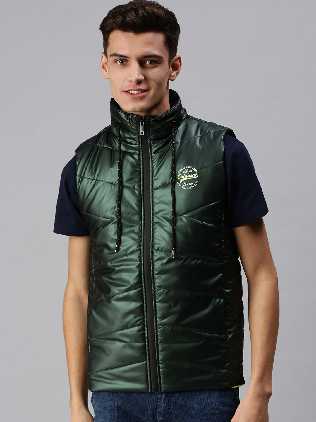 Men Solid Green Padded Jacket