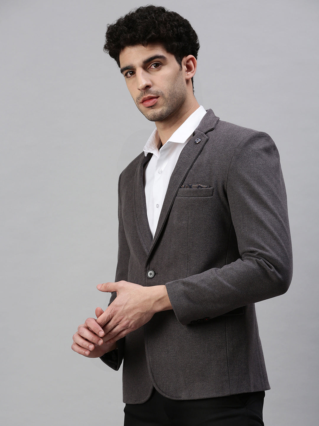 Men's Solid Grey Single Breasted Blazer