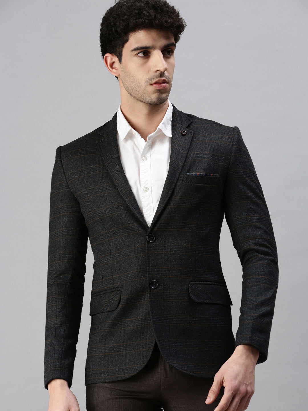 Men's Checked Black Single Breasted Blazer