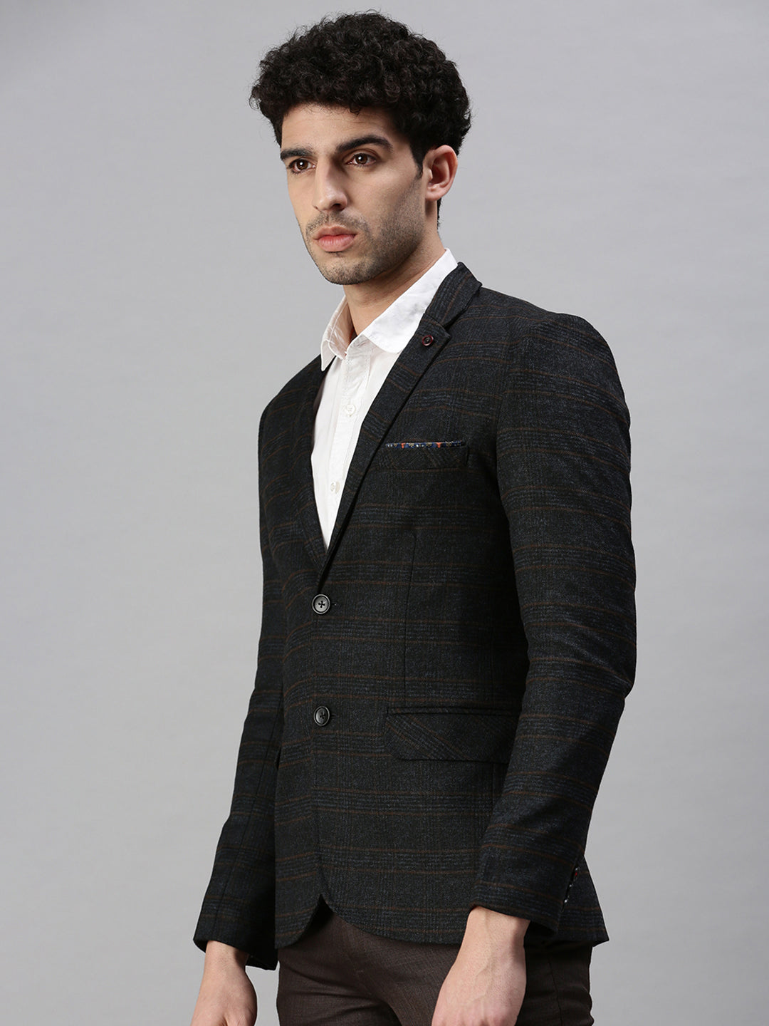 Men's Checked Black Single Breasted Blazer