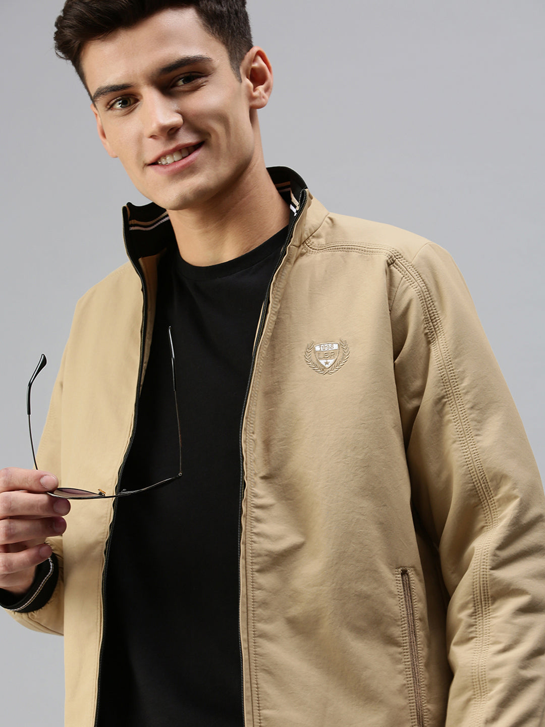 Men Solid Beige Open Front Jacket