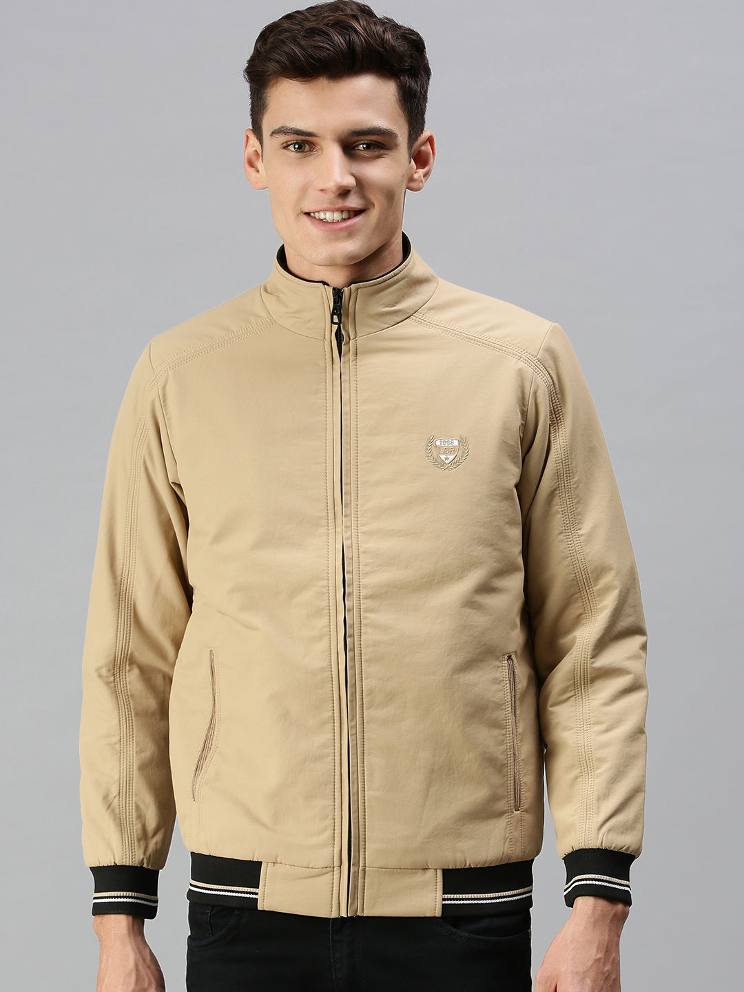 Men Solid Beige Open Front Jacket