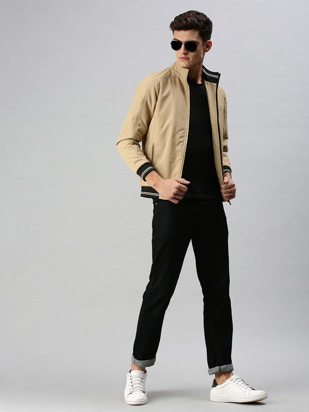 Men Solid Beige Open Front Jacket